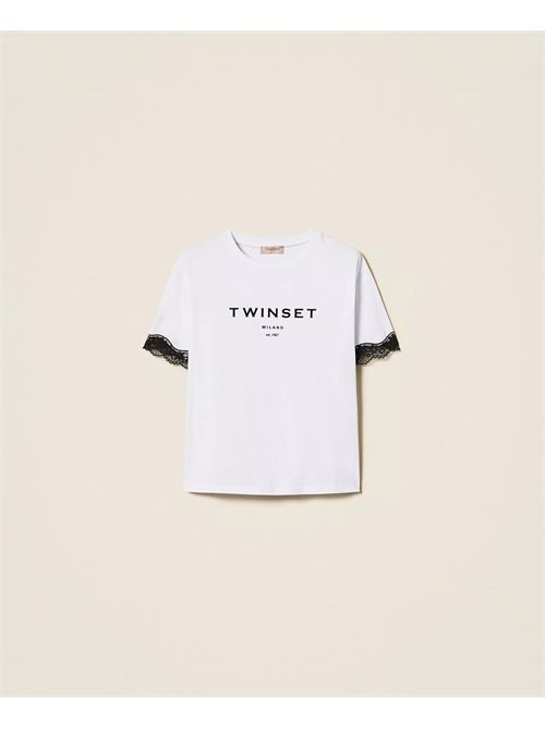 T-shirt in jersey con logo e pizzo TWINSET | TP2304/01870